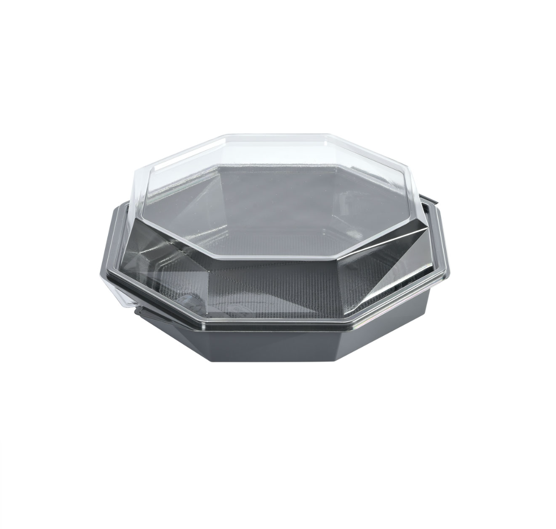 Plastbakke, Octaview 1292 ml, grå/klar, APET, med hængslet låg, (180 stk/krt)