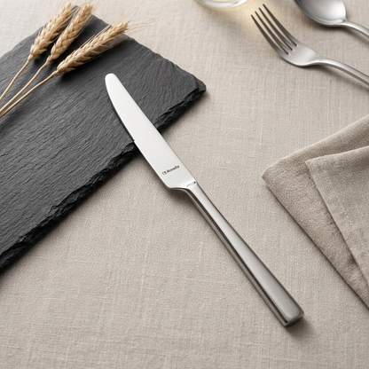 Smørkniv Moderno i rustfrit stål med blankpoleret sølvfarvet skaft, ligger på sort skifer ved hvede og serveres med gaffel
