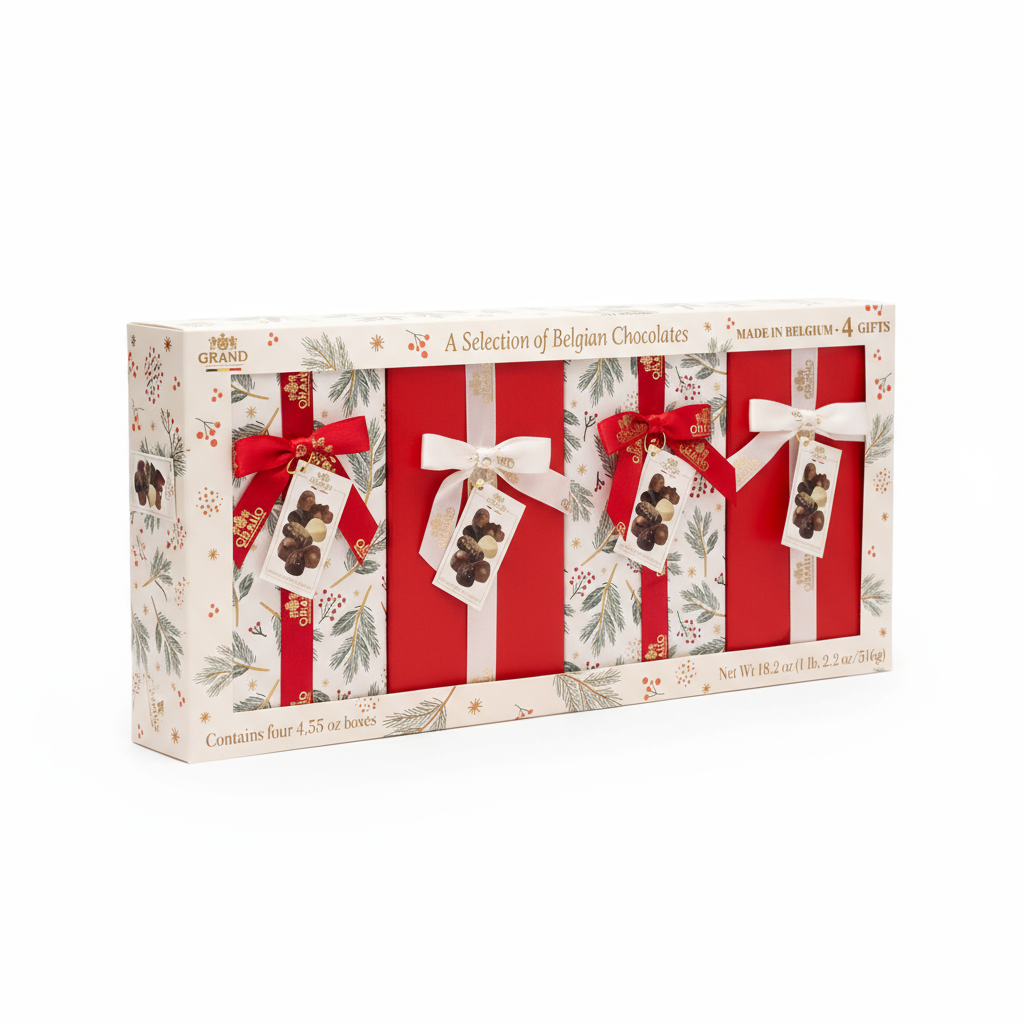 Grand Belgian Collection – 4 Gaveæsker (4 × 130 g) – Belgisk Chokolade Assorteret