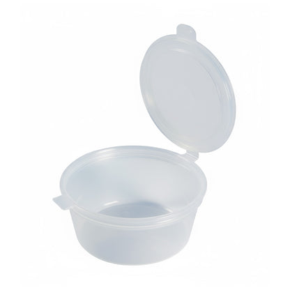 Dressingbæger – 30 ml, Ø50x25 mm, rund, transparent PP m. hængslet låg, 1000 stk./krt.