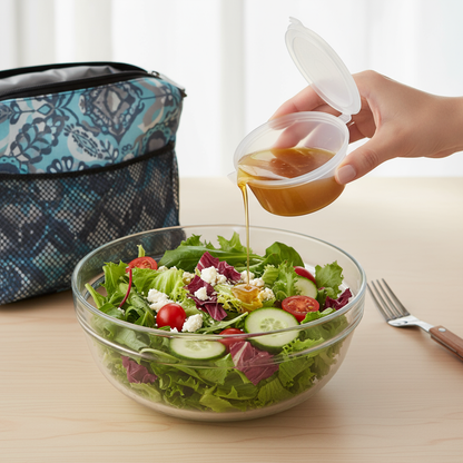 Dressingbæger – 30 ml, Ø50x25 mm, rund, transparent PP m. hængslet låg, 1000 stk./krt.