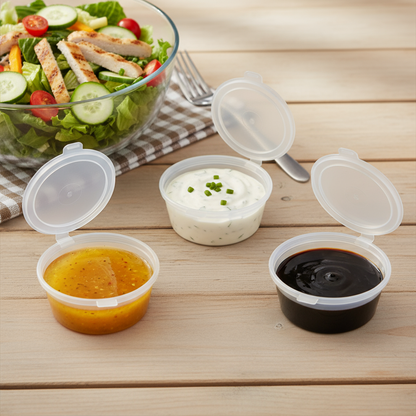 Dressingbæger – 30 ml, Ø50x25 mm, rund, transparent PP m. hængslet låg, 1000 stk./krt.