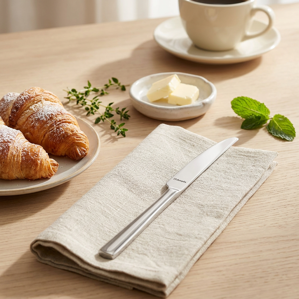 Smørkniv Moderno 16,5 cm med sølvfarvet rustfrit stål på beige lintørklæde ved morgenmad med croissant, smør og kaffe.