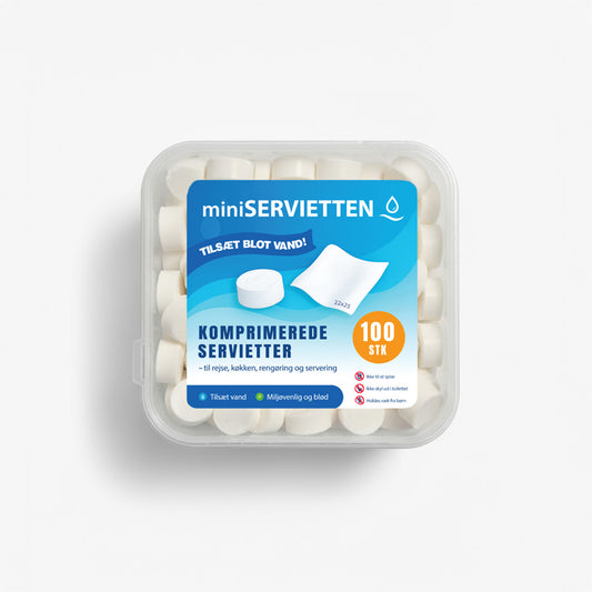 miniSERVIETTER 100 stk | Praktiske komprimerede servietter til hjem & rejse