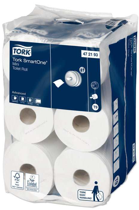 Toiletpapir, Tork, SmartOne, T9 Advanced, 2-lags, Mini, 111,6m x 134mm, Ø149mm, hvid, 100% genbrugspapir (12 rl)