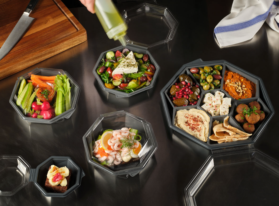 Plastbakke, Octaview 1292 ml, grå/klar, APET, med hængslet låg, (180 stk/krt)