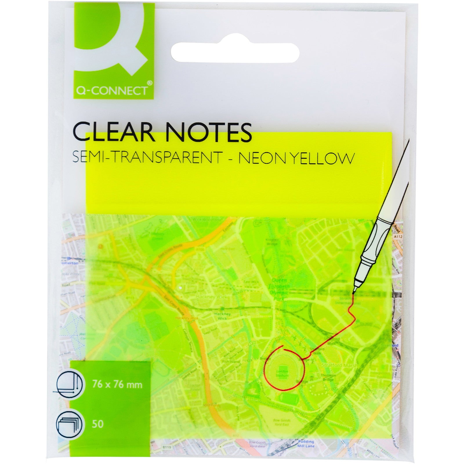 Q-connect semitransparente notes 76x76mm neongul
