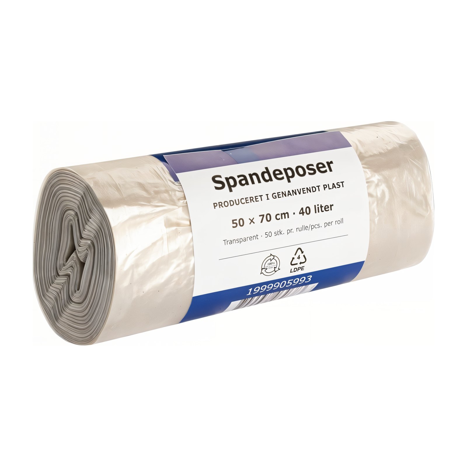 Spandepose 40 liter, klar – 100 % genanvendt LDPE, 50×70 cm