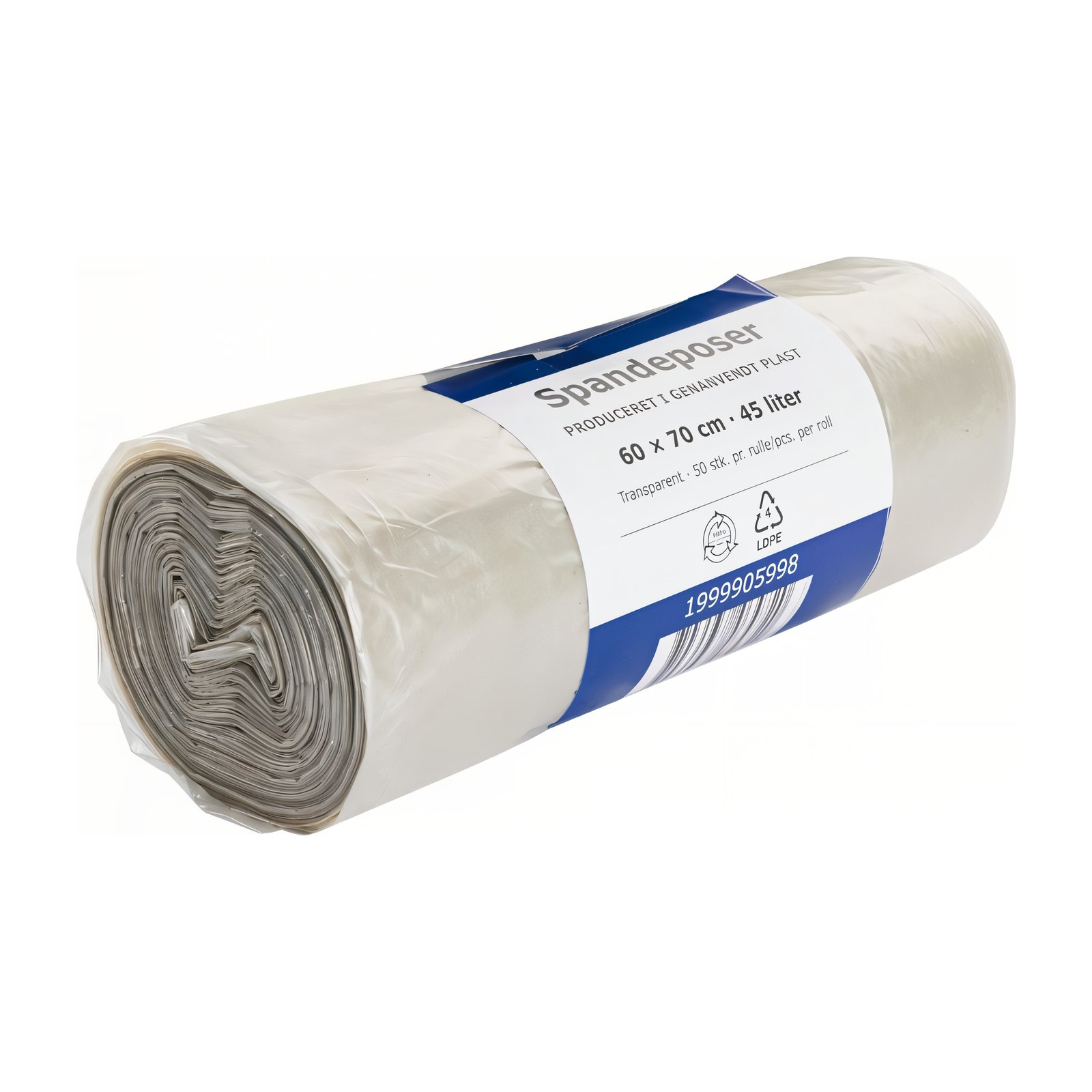 Spandepose 45 liter, klar – 100 % genanvendt LDPE, 60×70 cm