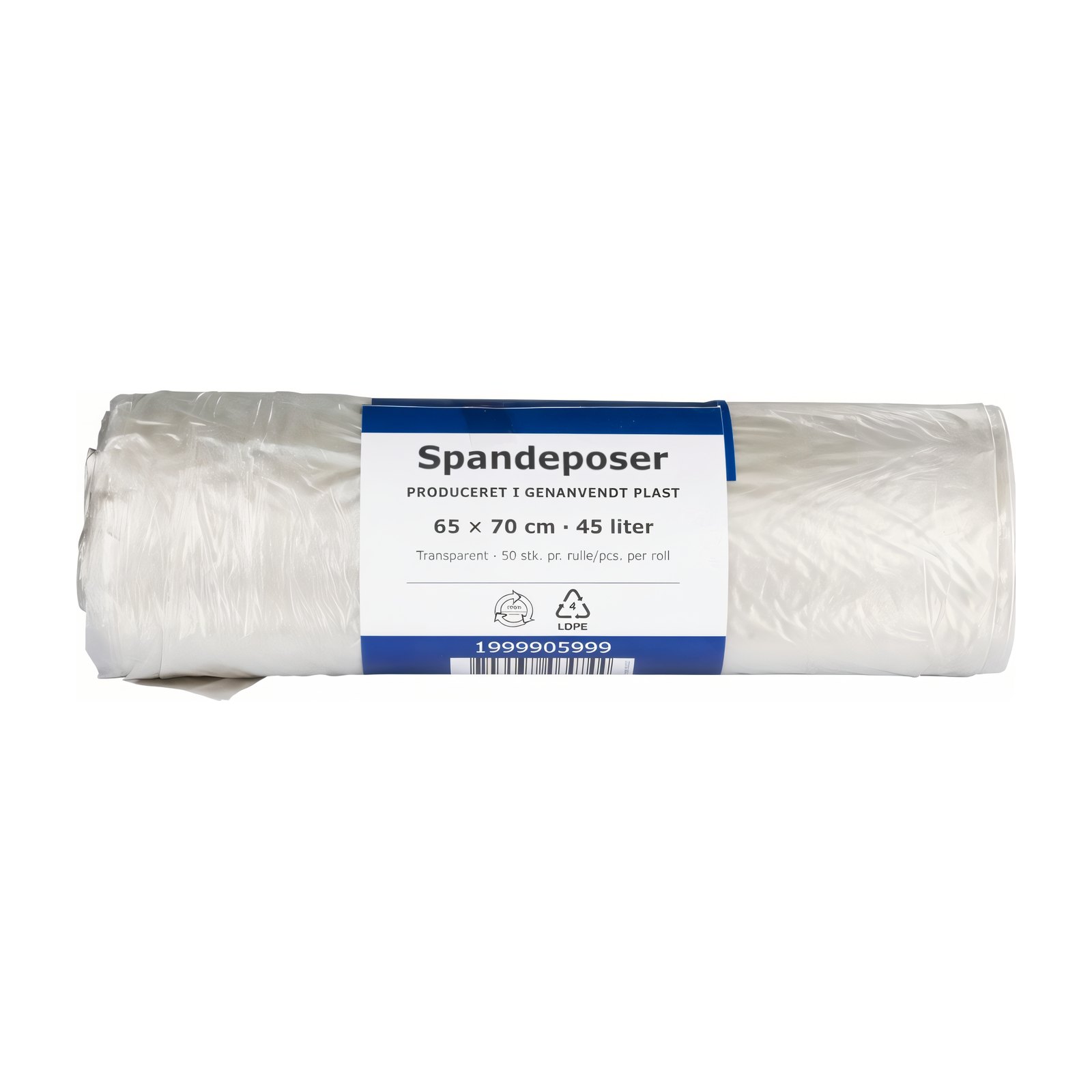 Spandepose 45 liter, klar – 100 % genanvendt LDPE, 65×70 cm