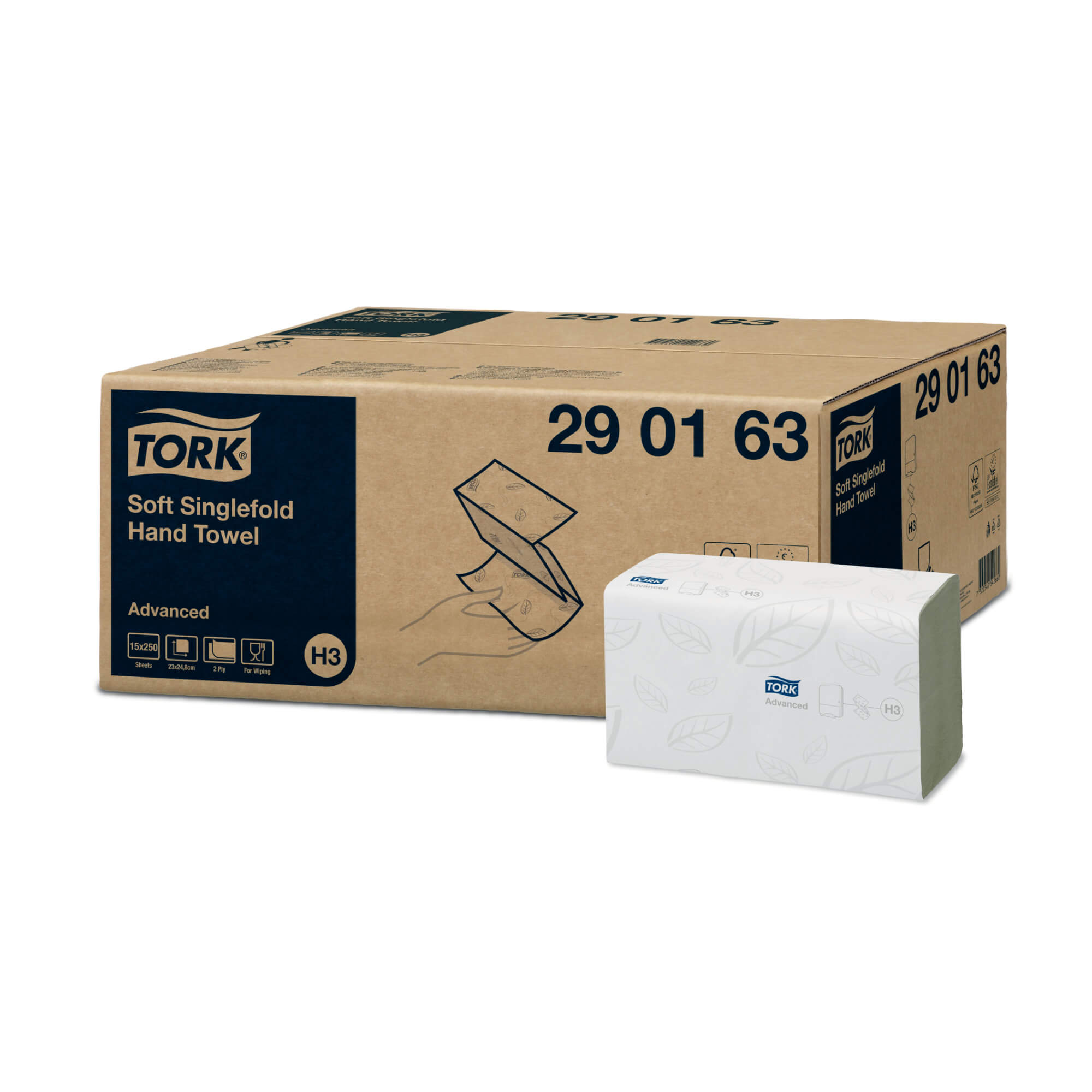Håndklædeark Tork Advanced H3 V-Fold 2-lag L23xB24.8xD11.5cm Genbrug FSC Hvid,15 pk x 250 stk/krt