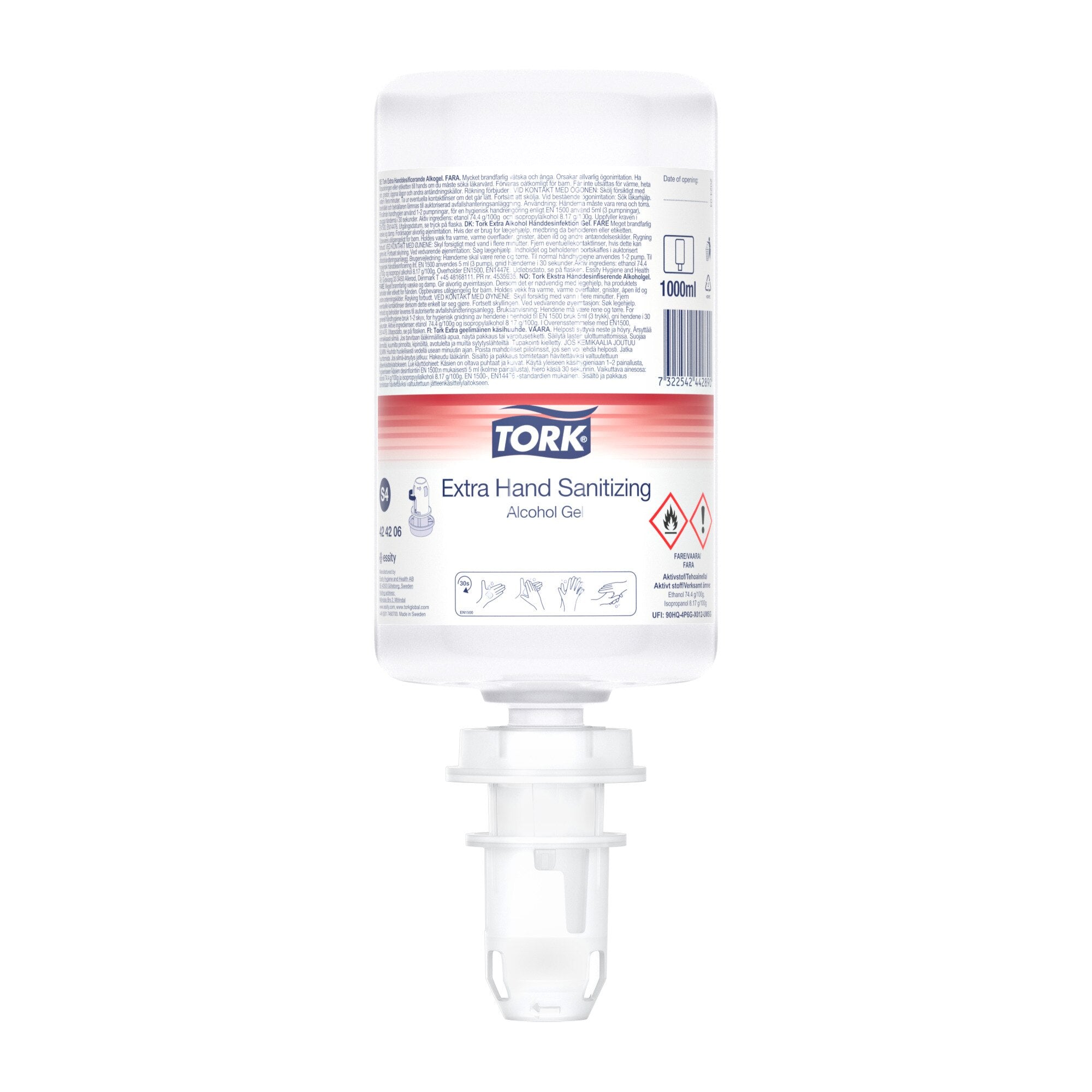 Hånddesinfektion Tork Gel Extra Hand Sanitizing 1ltr med Alkohol til S4 disp.,6 stk x 1 ltr/krt