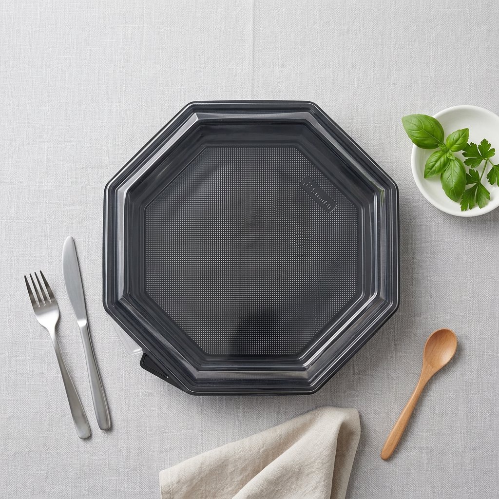 Plastbakke Octaview 1869 ml Sort APET med Hængslet Låg – 96 stk